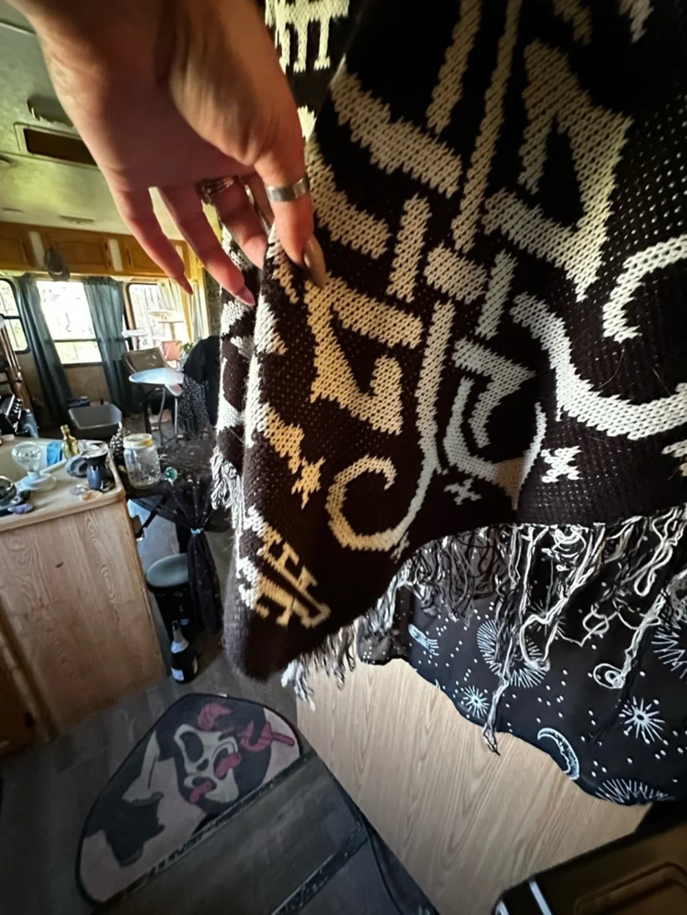SHEIN Black & White Knit Fringe Open Cardigan - Picture 3 of 5